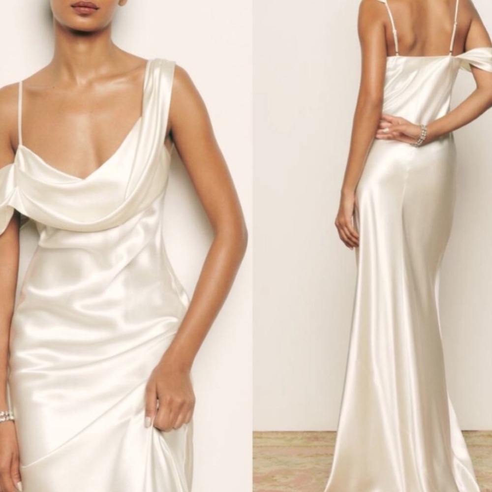 Reformation Ivory Satin Cowl Neck Wedding Gown - Picture 4 of 12